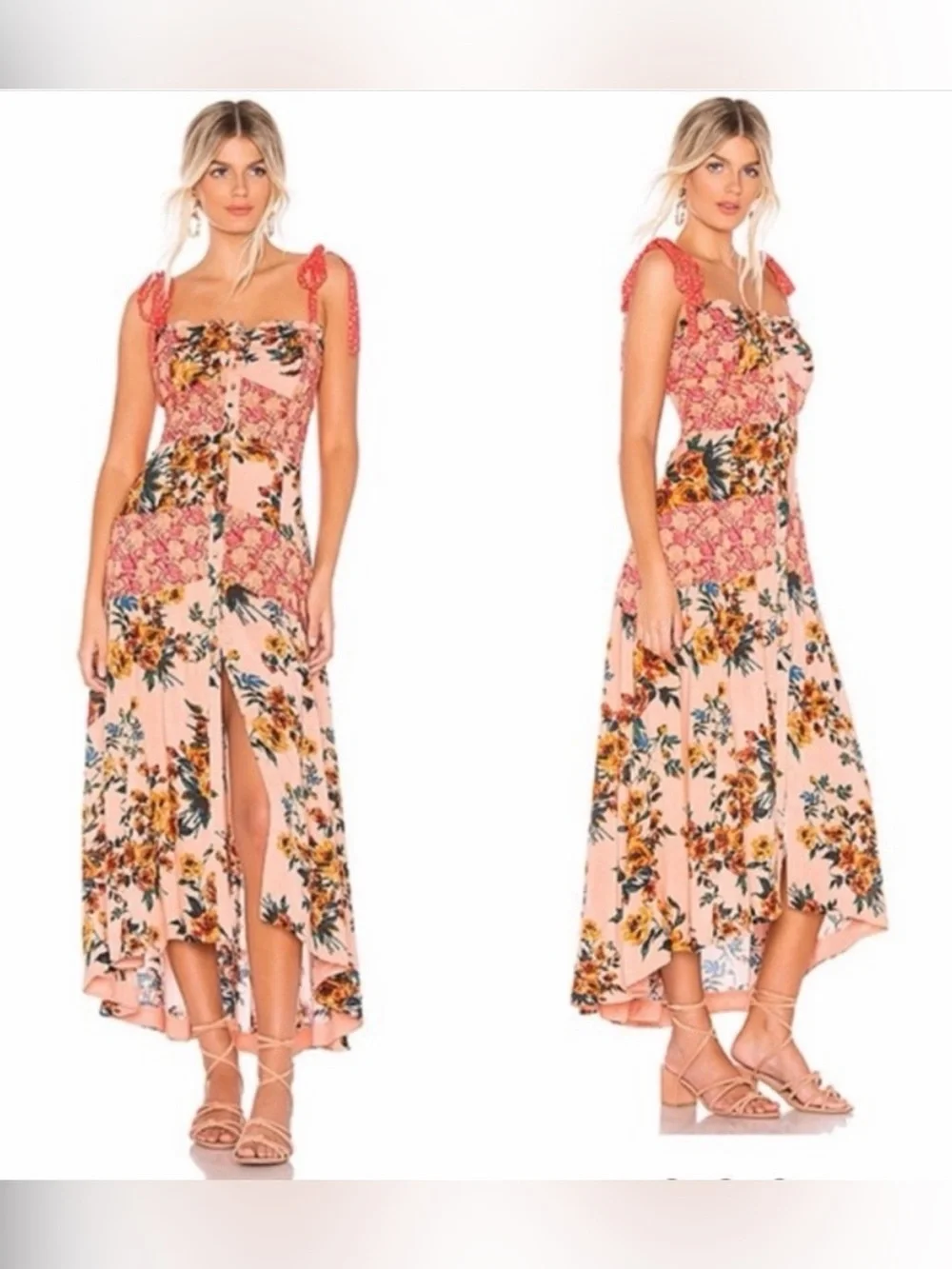 Free People Lover Boy Maxi Dress Size 2 Coral Combo Button Tie Straps Floral